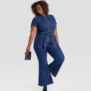 Women's Short Sleeve Denim Jumpsuit - Ava & Viv Dark Wash 24